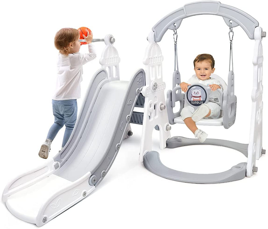 OUNUO Kids Slide and Swing Set with Basketball Hoop Baby Slide for toddlers age 1-3