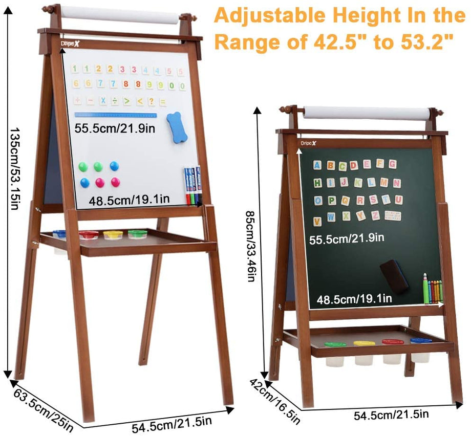 Dripex Kids Art Easel with Paper Roll, Double Sided Toddler Childrens Easel Chalkboard and Magnetic Dry Erase Board for Kid Painting and Drawing, Multiple Kids Art Supplies Included, Reddish Brown