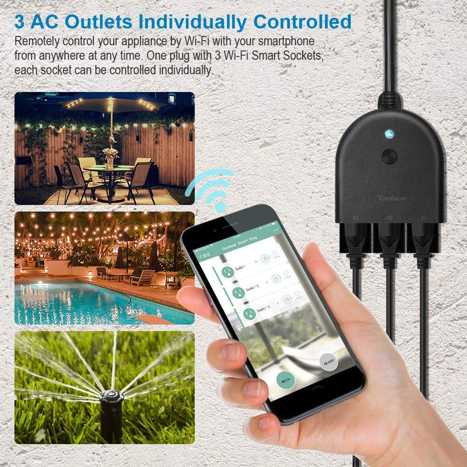 TONBUX Outdoor Smart Plug WiFi Outlet with 3 Individual Sockets, Waterproof IP44, Compatible with Alexa, Google Home,Wireless Voice Remote Control, Light Switch and Timer Function