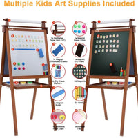Dripex Kids Art Easel with Paper Roll, Double Sided Toddler Childrens Easel Chalkboard and Magnetic Dry Erase Board for Kid Painting and Drawing, Multiple Kids Art Supplies Included, Reddish Brown