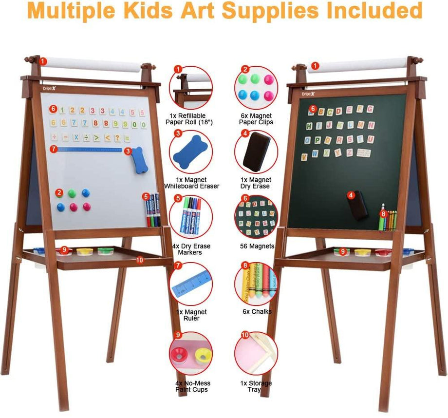 Dripex Kids Art Easel with Paper Roll, Double Sided Toddler Childrens Easel Chalkboard and Magnetic Dry Erase Board for Kid Painting and Drawing, Multiple Kids Art Supplies Included, Reddish Brown