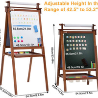 Dripex Kids Art Easel with Paper Roll, Double Sided Toddler Childrens Easel Chalkboard and Magnetic Dry Erase Board for Kid Painting and Drawing, Multiple Kids Art Supplies Included, Reddish Brown