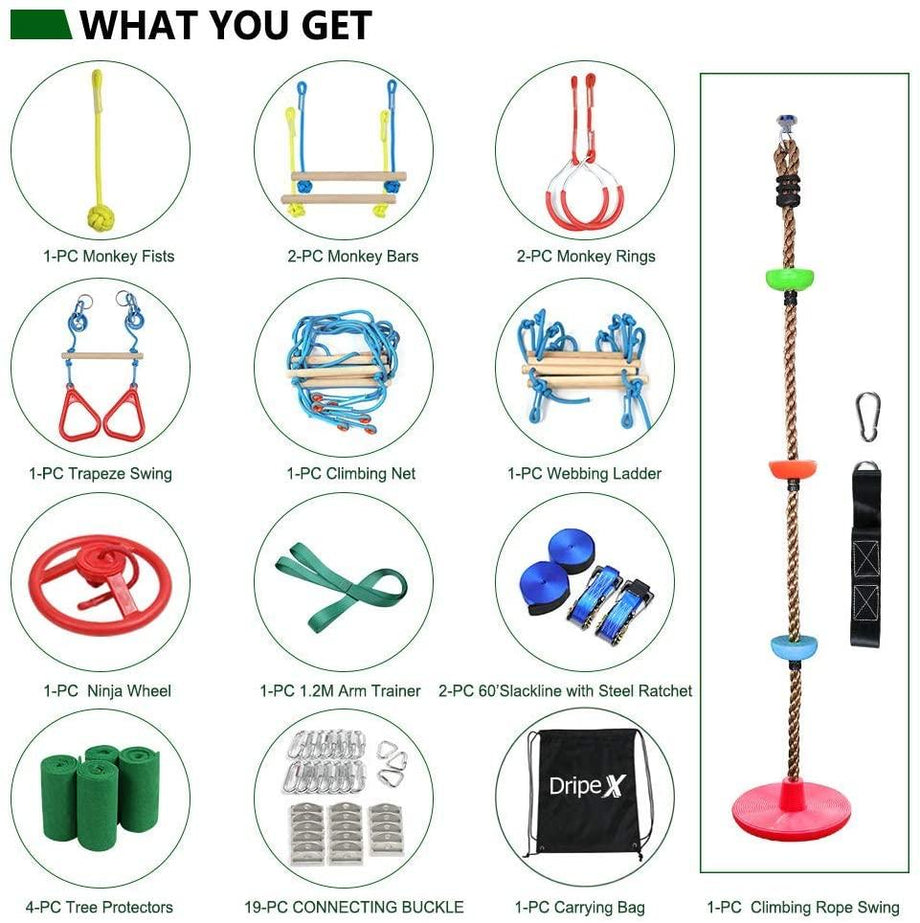 Ninja Warrior Obstacle Course for Kids - 2X60FT Ninja Slackline with Most Complete Accessories for Kids