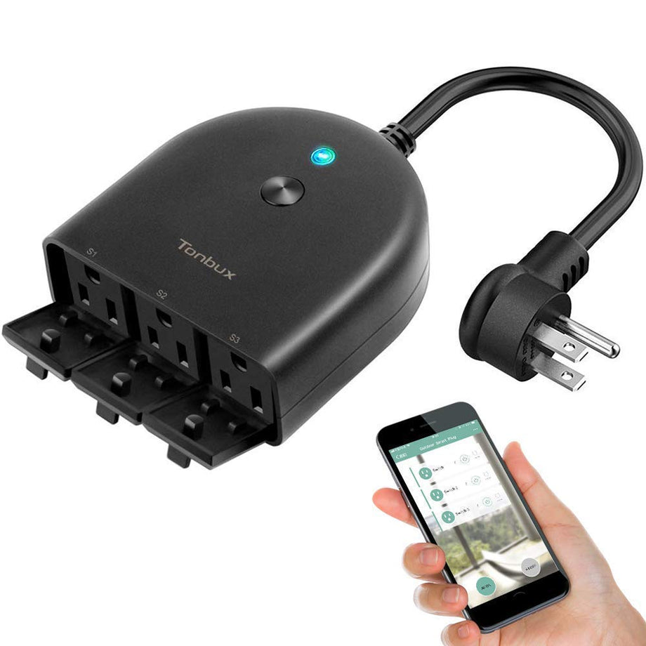 TONBUX Outdoor Smart Plug WiFi Outlet with 3 Individual Sockets, Waterproof IP44, Compatible with Alexa, Google Home,Wireless Voice Remote Control, Light Switch and Timer Function