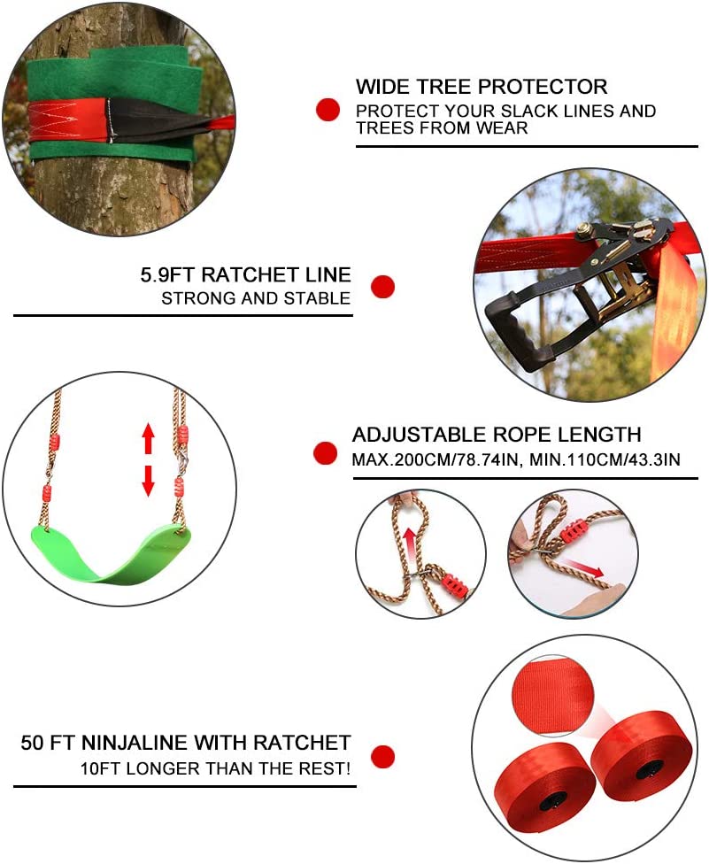 Ninja Warrior Obstacle Course for Kids - 2X50FT Double Ninja Slackline with Most Complete Accessories for Kids, Swing, Trapeze Swing, Rope Ladder, Obstacle Net Plus 1.2M Arm Trainer