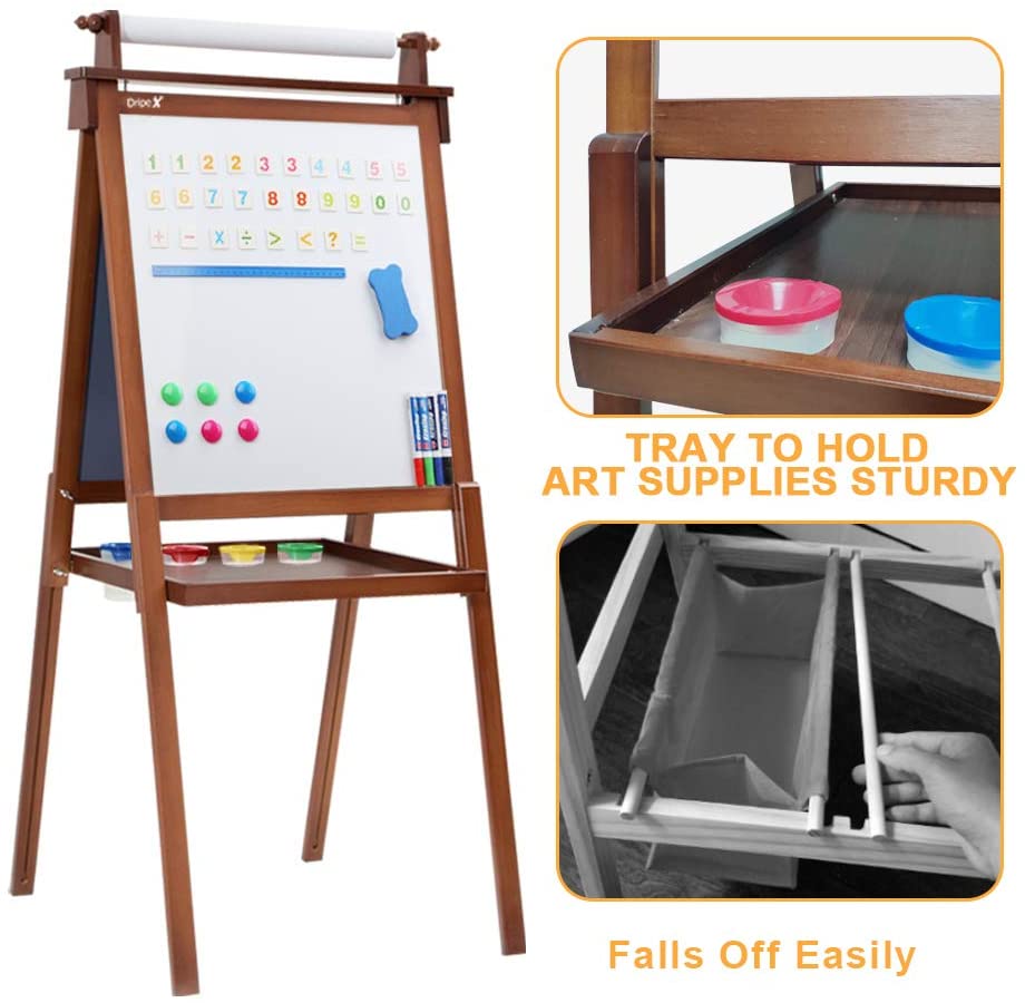 Dripex Kids Art Easel with Paper Roll, Double Sided Toddler Childrens Easel Chalkboard and Magnetic Dry Erase Board for Kid Painting and Drawing, Multiple Kids Art Supplies Included, Reddish Brown