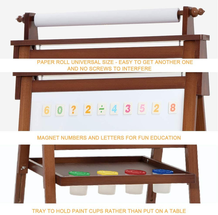 Dripex Kids Art Easel with Paper Roll, Double Sided Toddler Childrens Easel Chalkboard and Magnetic Dry Erase Board for Kid Painting and Drawing, Multiple Kids Art Supplies Included, Reddish Brown