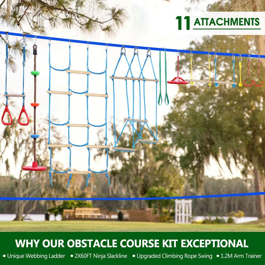 Ninja Warrior Obstacle Course for Kids - 2X60FT Ninja Slackline with Most Complete Accessories for Kids