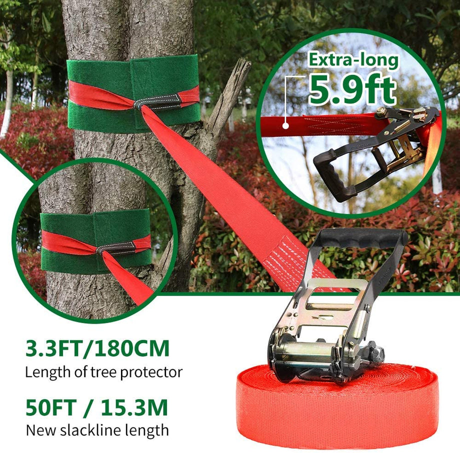 Ninja Warrior Obstacle Course for Kids - 2X50FT Double Ninja Slackline with Most Complete Accessories for Kids, Swing, Trapeze Swing, Rope Ladder, Obstacle Net Plus 1.2M Arm Trainer