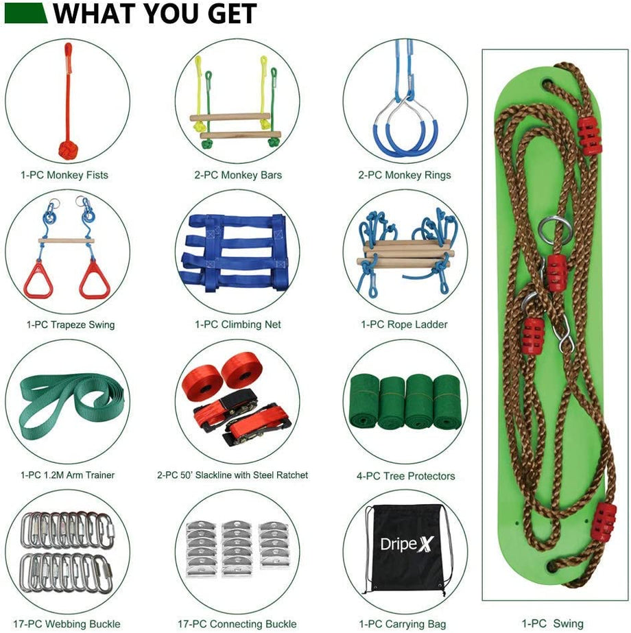 Ninja Warrior Obstacle Course for Kids - 2X50FT Double Ninja Slackline with Most Complete Accessories for Kids, Swing, Trapeze Swing, Rope Ladder, Obstacle Net Plus 1.2M Arm Trainer