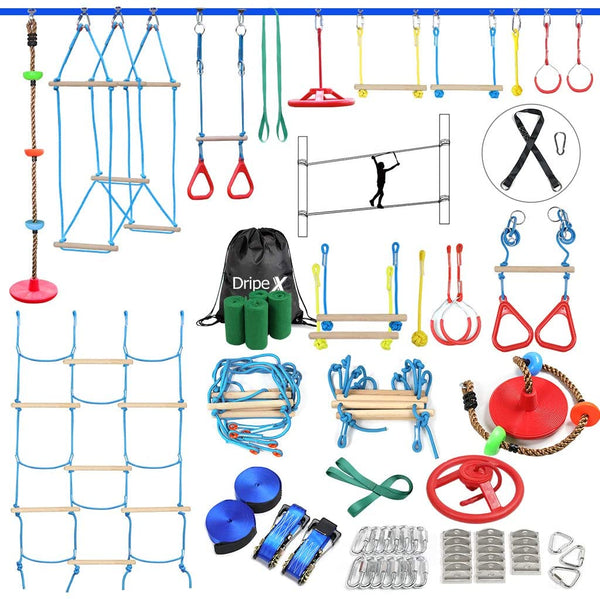 Ninja Warrior Obstacle Course for Kids - 2X60FT Ninja Slackline with Most Complete Accessories for Kids
