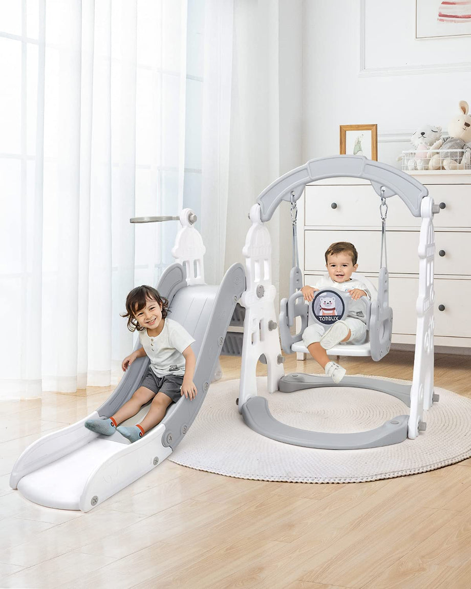 OUNUO Kids Slide and Swing Set with Basketball Hoop Baby Slide for toddlers age 1-3