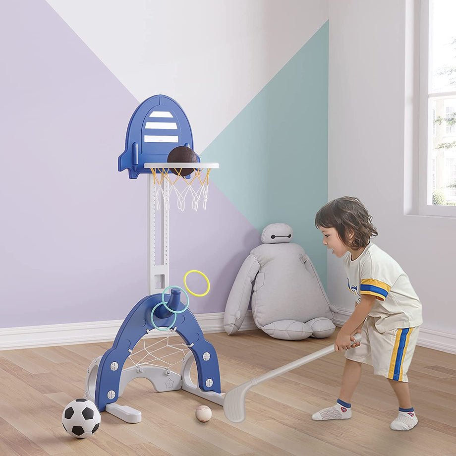 Dprodo Basketball Hoop for Kids 4 in 1 Sports Activity Center Basketball Football Golf Adjustable Height