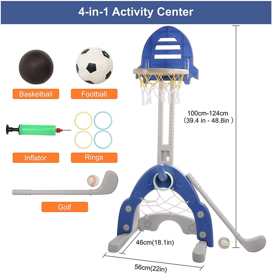Dprodo Basketball Hoop for Kids 4 in 1 Sports Activity Center Basketball Football Golf Adjustable Height